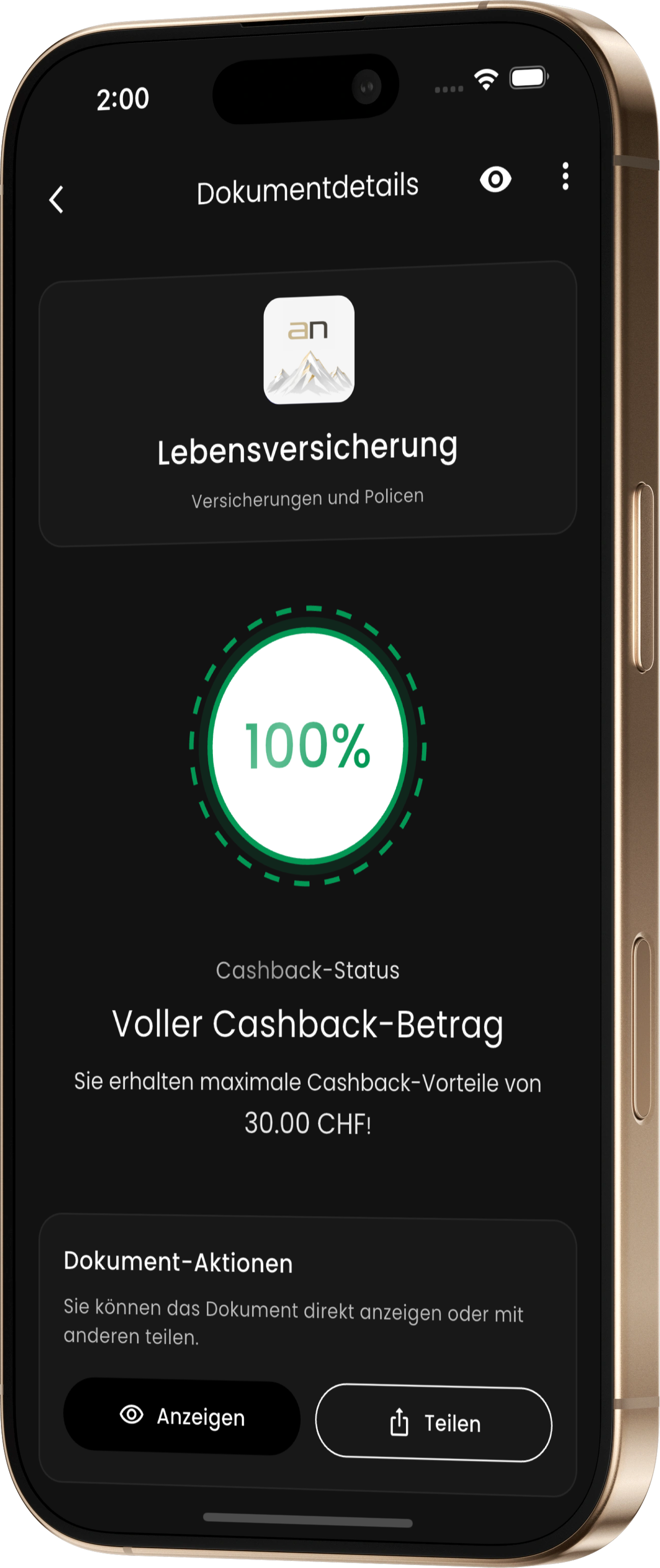 Cashback-Status einer Police in der allnova App