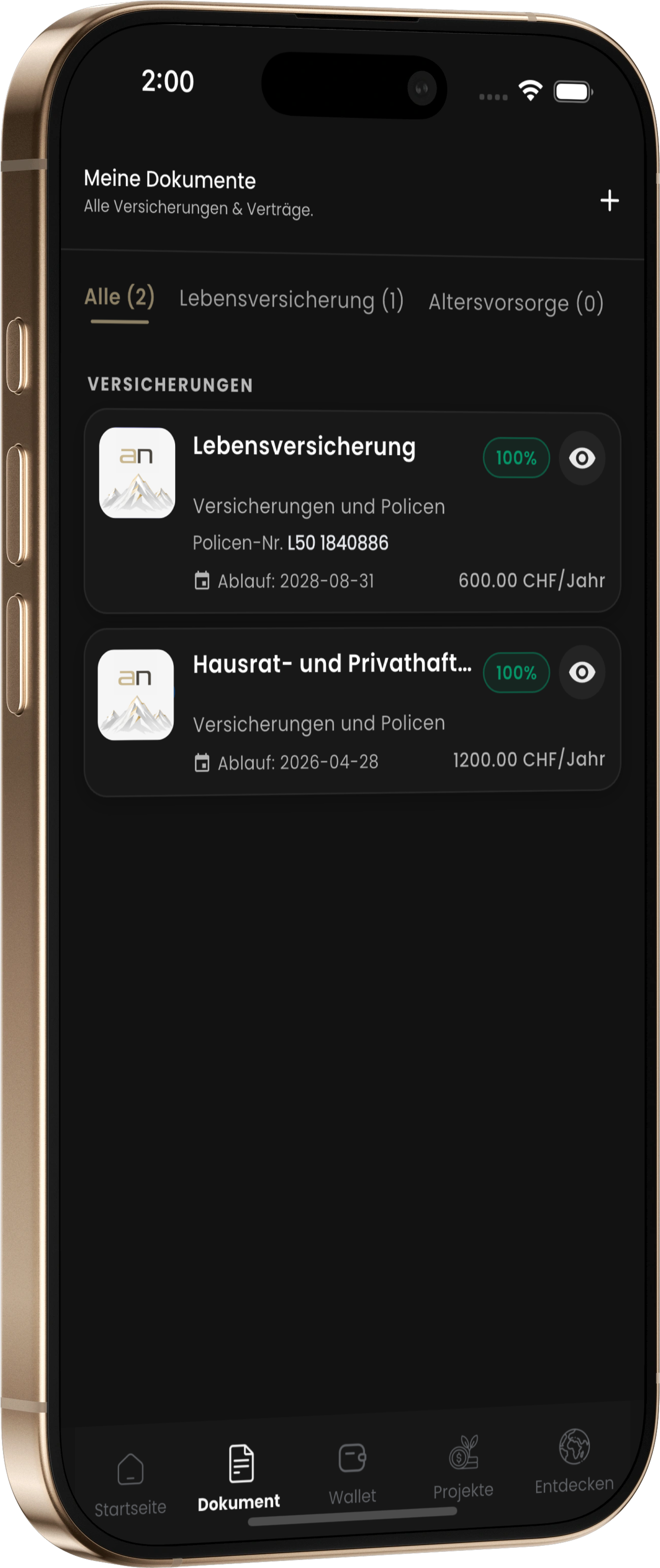 Übersicht hinterlegter Policen in der allnova App